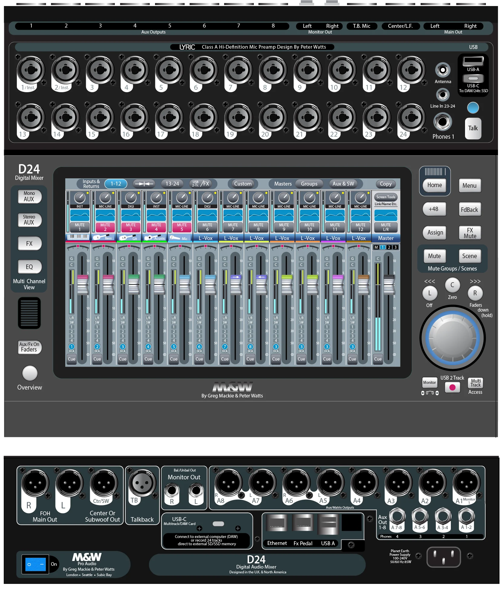 M&W Pro Audio D24 visto dall'alto e dal retro